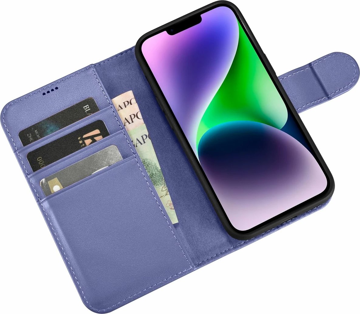 Mbështjellës iCarer Wallet Case 2in1 për iPhone 14, lëkurë natyrale, Anti-RFID, Vjollcë e çelët