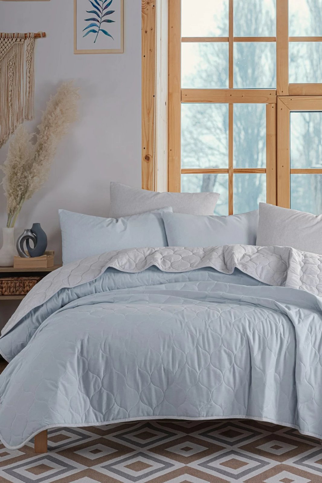 Set mbulesë krevati e qepur, king size, ngjyrë kaltër e çelët dhe gri, L'essentiel