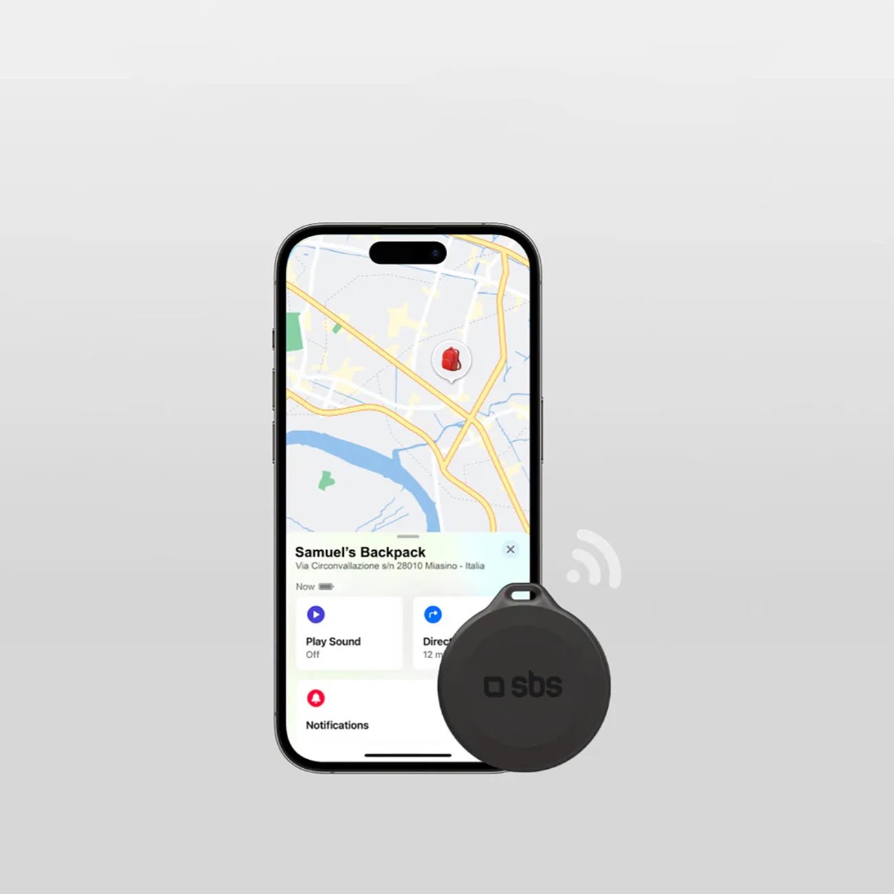 Tracker SBS Track My Circle, i papërshkueshëm nga uji IP65, kompatibil me Apple Find My, i zi