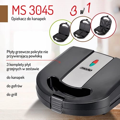 Aparat sandviçi/grilli/wafflesh 3‑në‑1, Mesko, MS 3045, 750–1000W, pllaka të këmbyeshme, zezë‑argjend