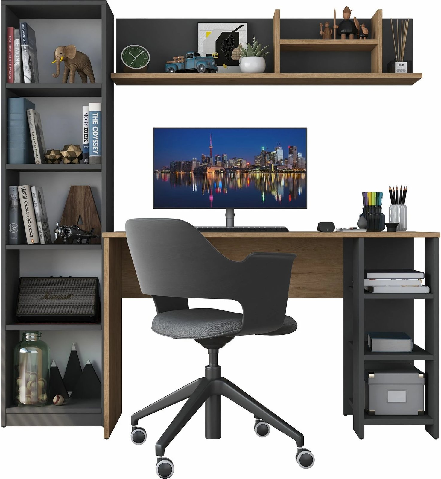 Set tavoline studimi me raft librash Skye Decor, HA125 - 2699, ngjyrë arre dhe antracit