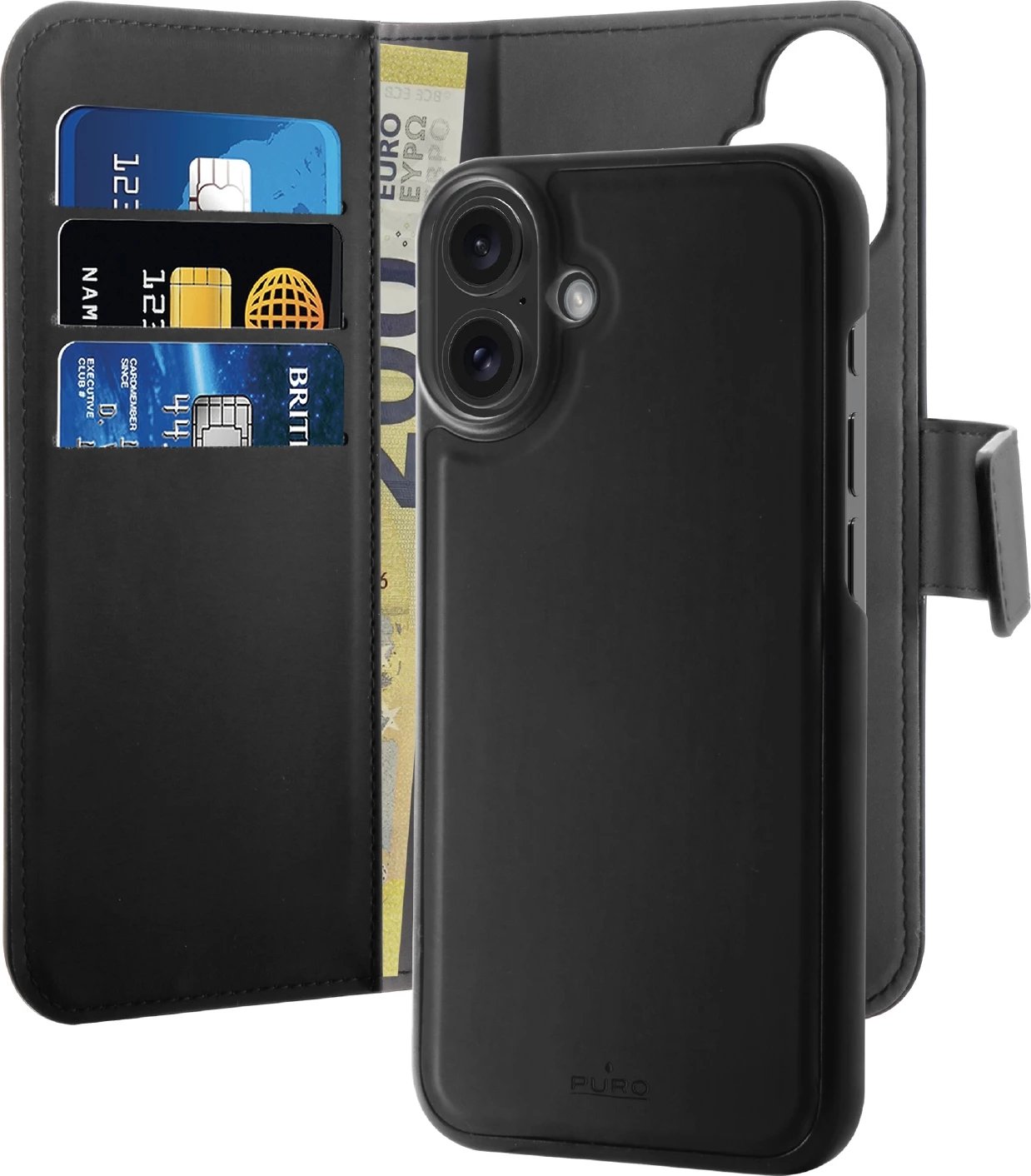 Mbështjellës Puro Wallet Detachable MagSafe 2in1 për iPhone 16 Plus, lëkurë ekologjike, e zezë