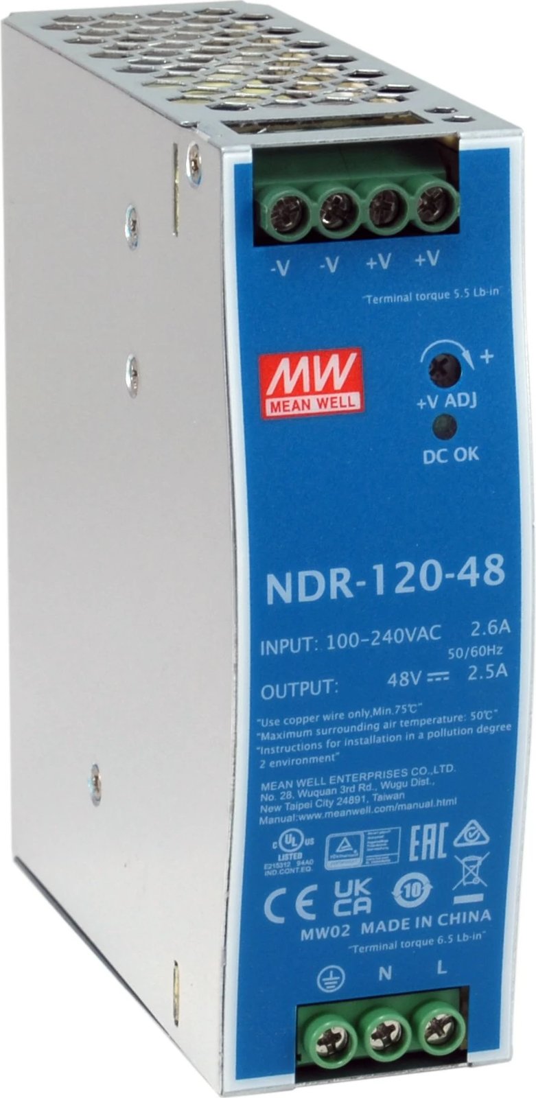 Furnizues energjie LevelOne 48V DC, 120W, DIN-Rail, ngjyrë blu dhe argjend