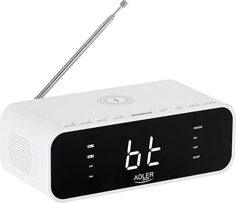 Orë alarmi me radio dhe karikues pa tel, Adler AD 1192, Bluetooth 5.0, FM, altoparlant stereo 5W, USB 1A, jo‑Qi, e bardhë