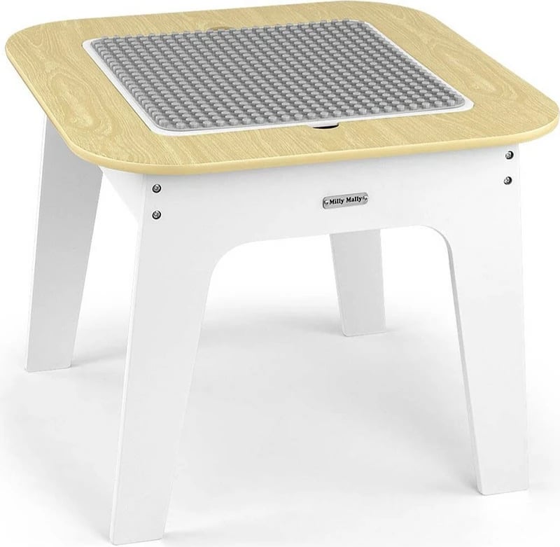 Set tavolinë + 2 karrige fëmijësh, Milly Mally Olaf Blocks, sipërfaqe e kthyeshme me dërrasë shkumësi dhe hapësirë ruajtjeje, MDF, 2–5 vjeç, e bardhë