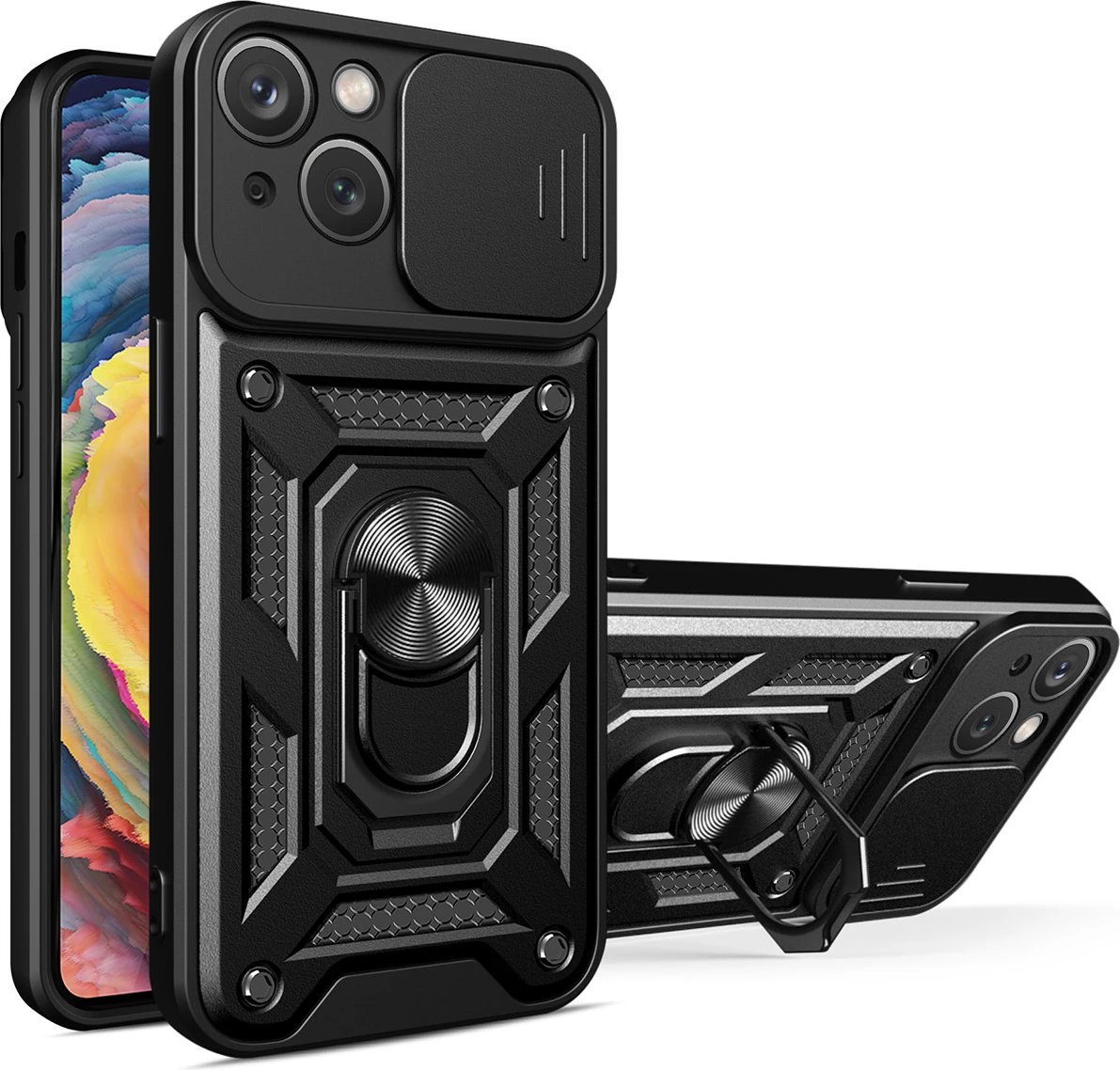 Mbështjellës Hurtel Hybrid Armor Camshield për Realme 10 Pro+, me mbulesë kamere, unazë metalike, i zi