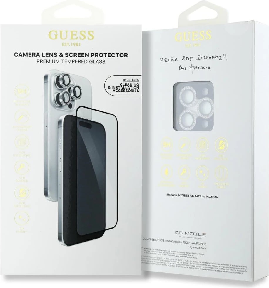 Mbështjellës xhami Guess BP Rhinestone 2in1 për ekran dhe lente, për iPhone 16 Pro Max, Argjendtë