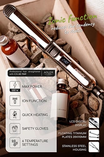 Drejtues flokësh, Adler, CR 2320, ionizim, 6 temperatura 130-230°C, pllaka titani 28x110mm, ekran LCD, bllokim krahësh, fikje automatike, me dorashkë