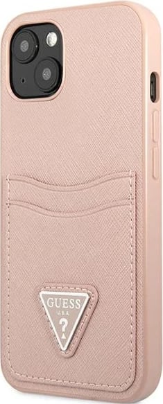 Mbështjellës Guess GUHCP13MPSATPP për iPhone 13, hardcase, Saffiano Triangle, me hapësirë për kartela, rozë