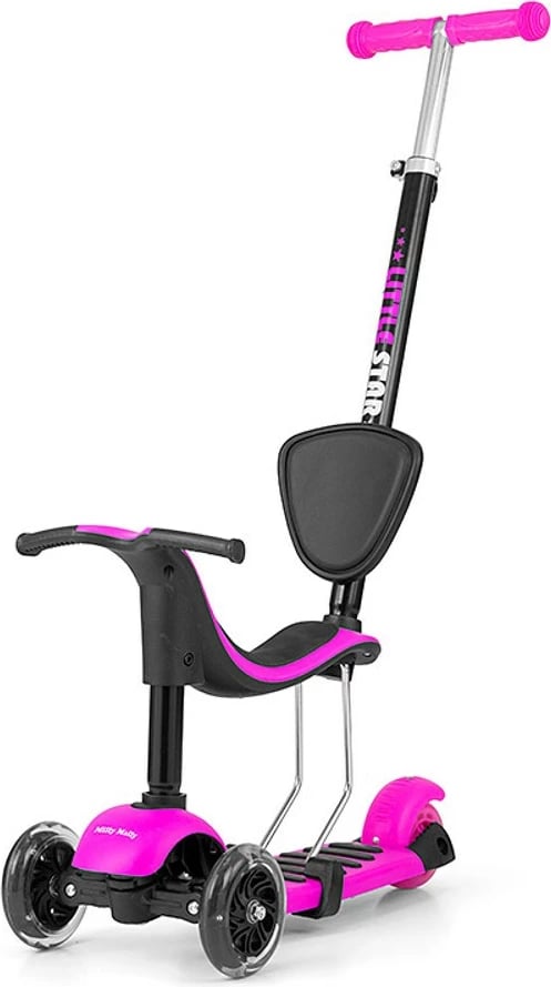 Trotinet 3-në-1, Milly Mally Little Star, me sedilje dhe dorezë prindi, rrota LED, deri 50 kg, rozë