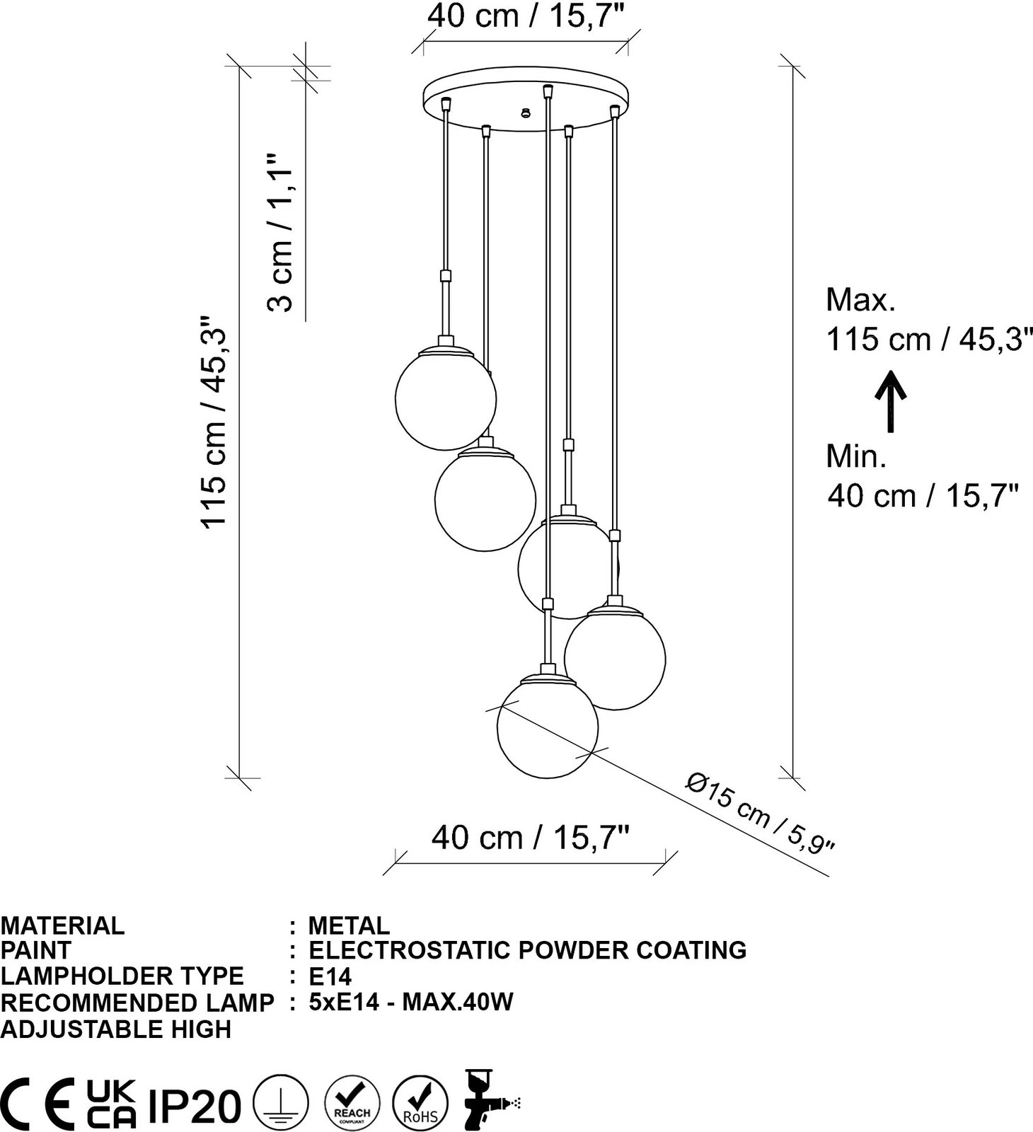 Llambë tavani Opviq, Orbital, e zezë, 5 sfera, 40x40x115cm