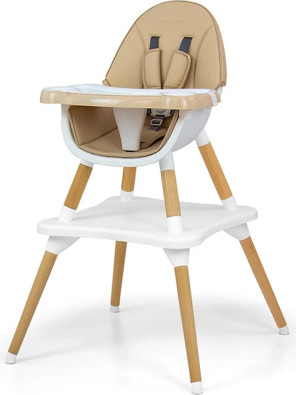 Karrige e lartë 2-në-1 për fëmijë, Milly Mally Malmo, dru fagu, tabaka e heqshme, rrip sigurie 5-pikësh, eko-lëkurë, deri 6 vjet, bezhë, set karrige e ulët + tavolinë