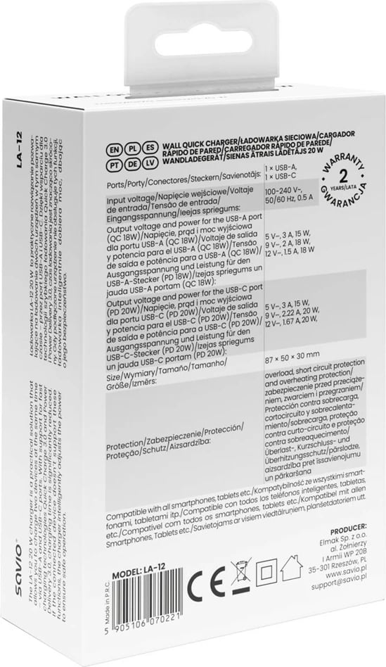 Karikues murale, Savio LA-12 (SAVLA-12), 20W PD 3.0 & QC 3.0, 2 porta (USB-A + USB-C), prizë EU, i bardhë