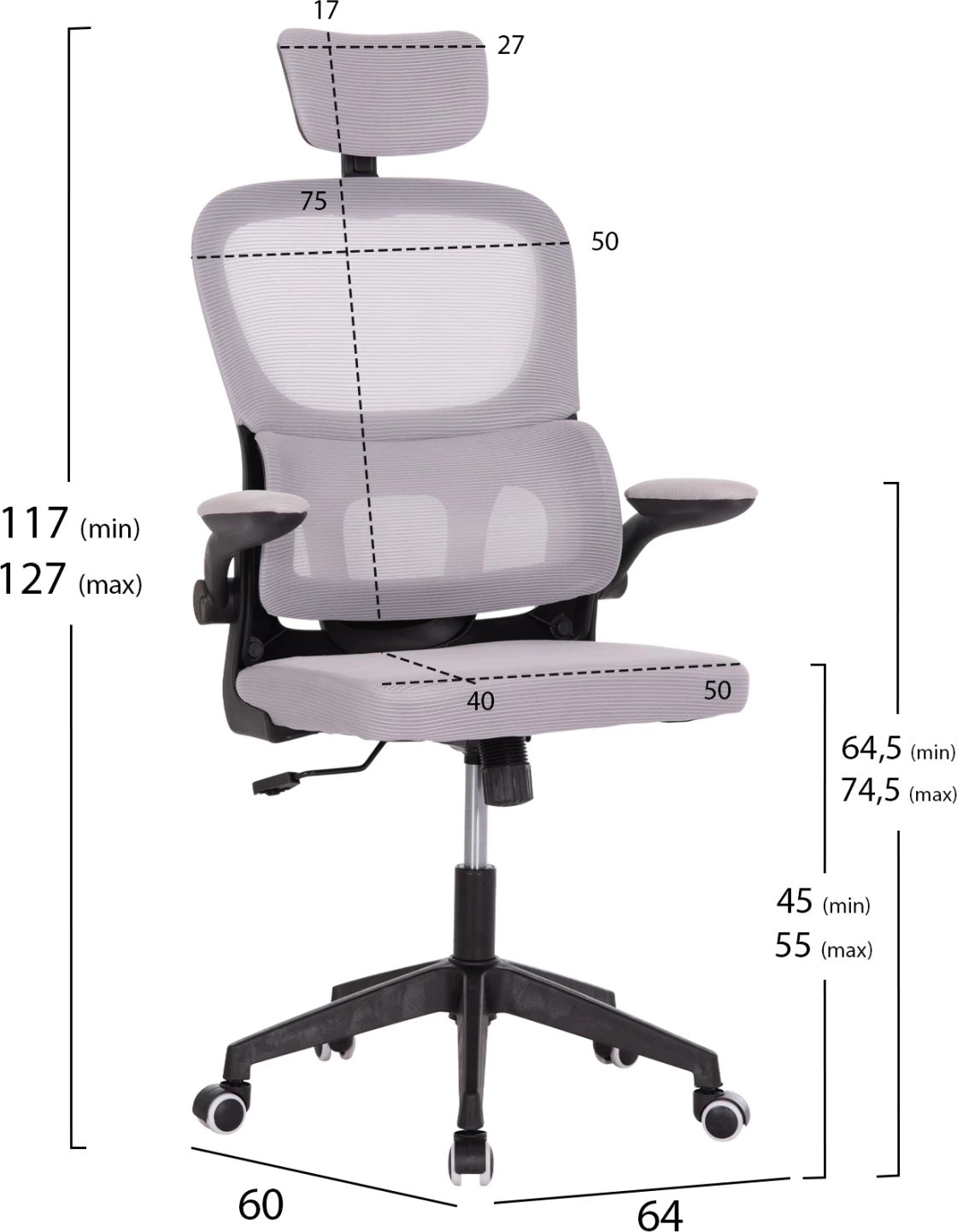 Karrige zyre Baston, material rrjete gri, kornizë PP e zezë, FH18236.02, 64x60x127cm