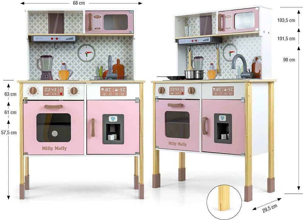 Kuzhinë loje prej druri, Milly Mally, Bjorn, me drita e tinguj, e rregullueshme në lartësi, me aksesorë, rozë