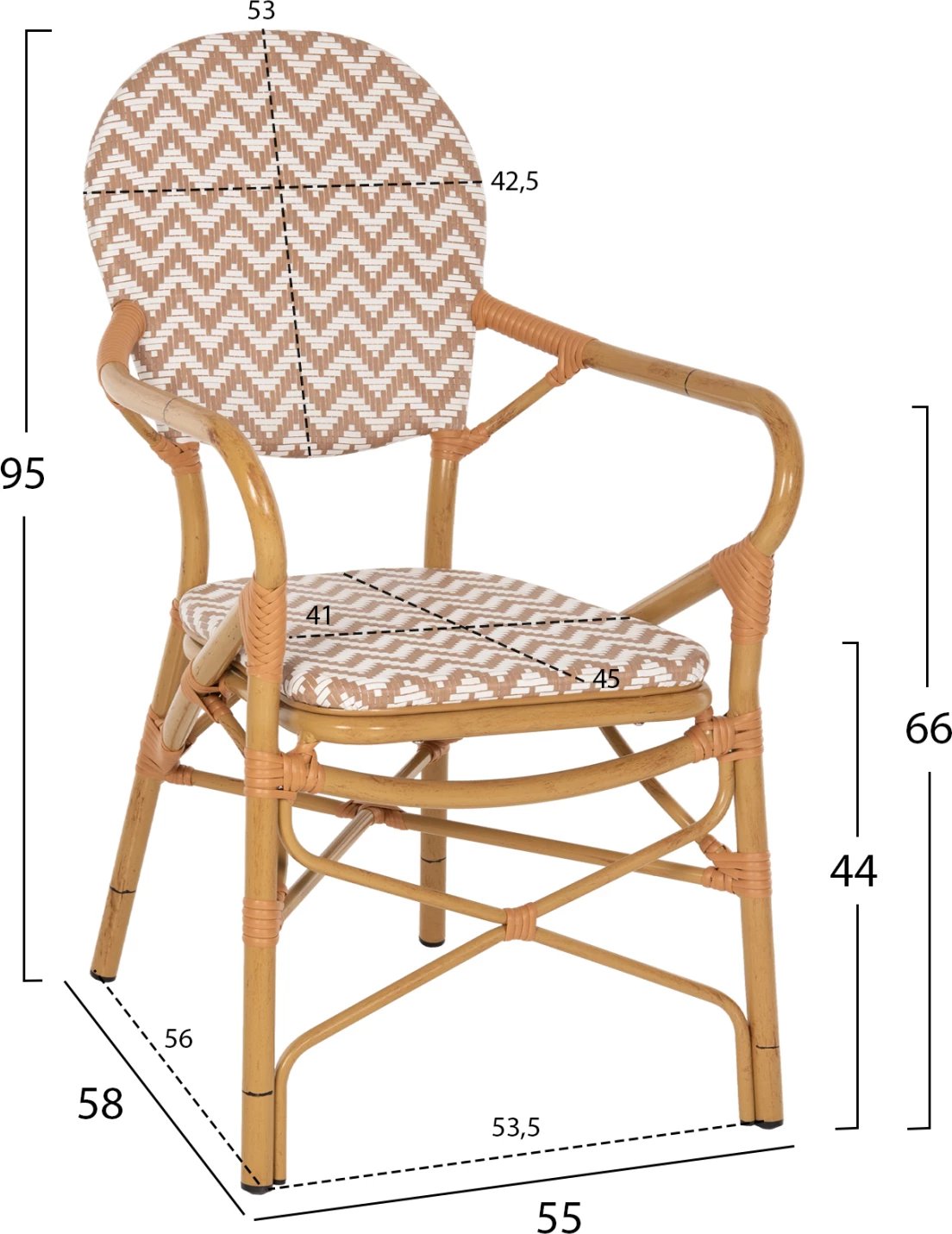 Karrige për jashtë, alumin pamje bambuje, tekstilene natyrale & e bardhë, FH5928.03, 55x58x95cm