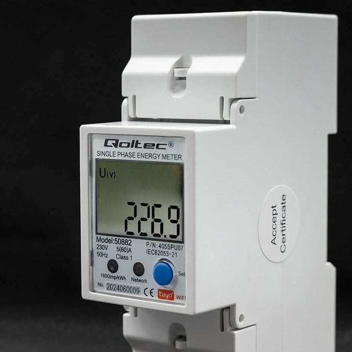 Matës energjie njëfazësh për DIN rail, Qoltec 50882, LCD, Wi-Fi, TUYA, 230V