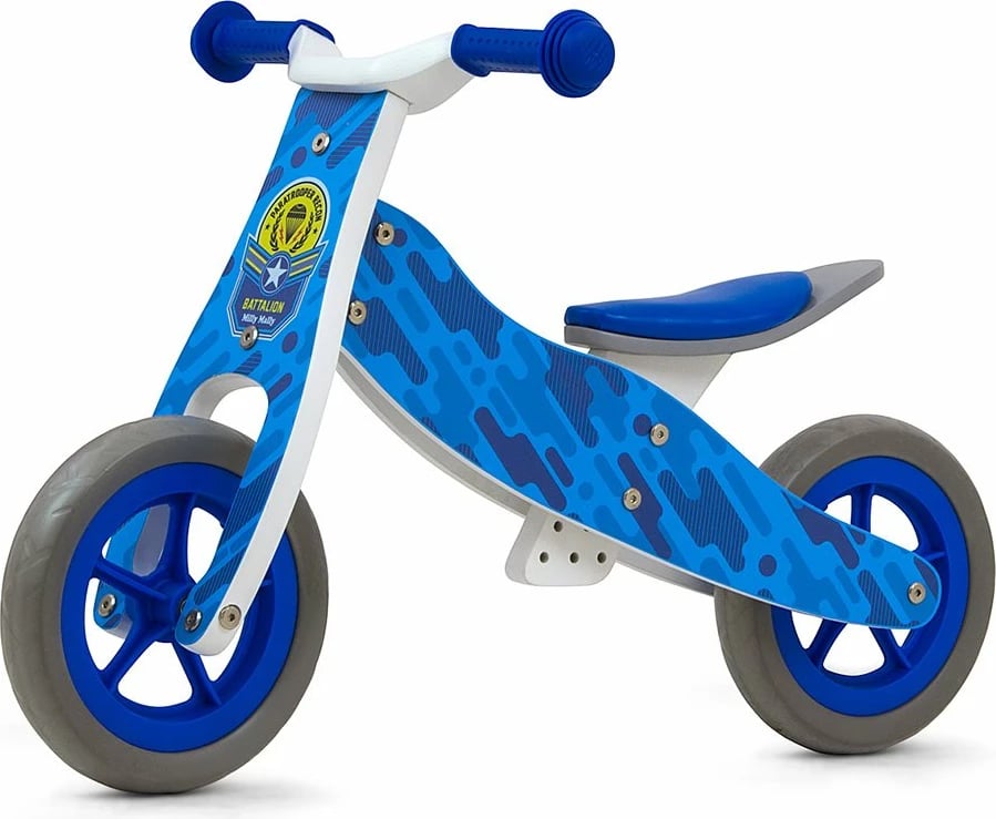 Biçikletë balancuese/tricikël 2n1, Milly Mally, Look, rrota shkumë 9 inç, sedilje e rregullueshme, konstruksion druri, blu
