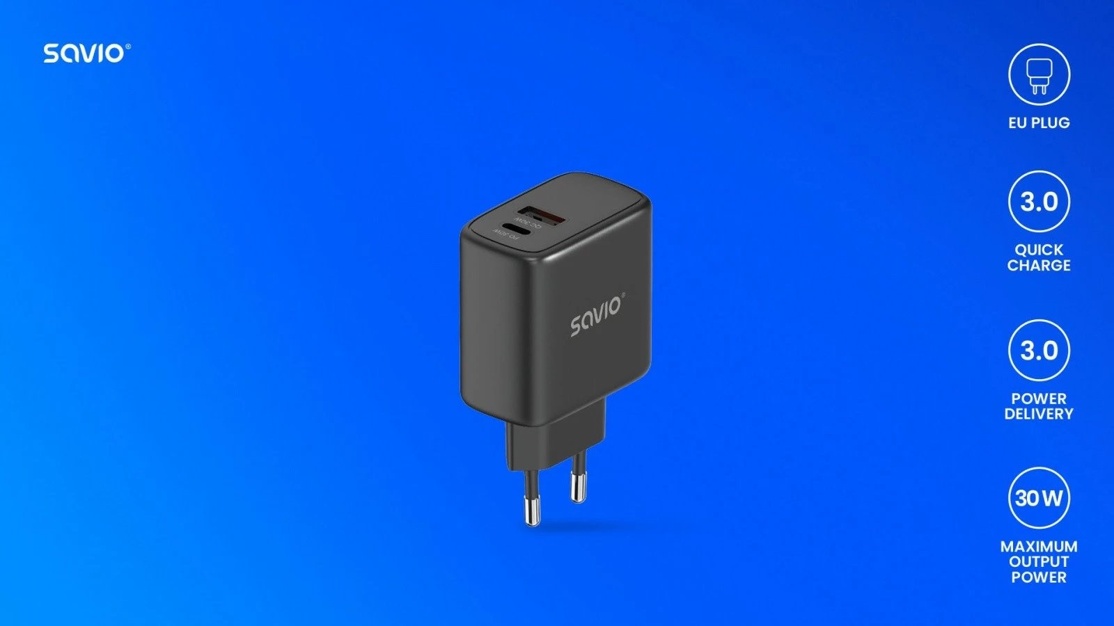 Karikues rrjeti Savio LA-06/B, 30W, Quick Charge 3.0, Power Delivery 3.0, 2 porta, i zi