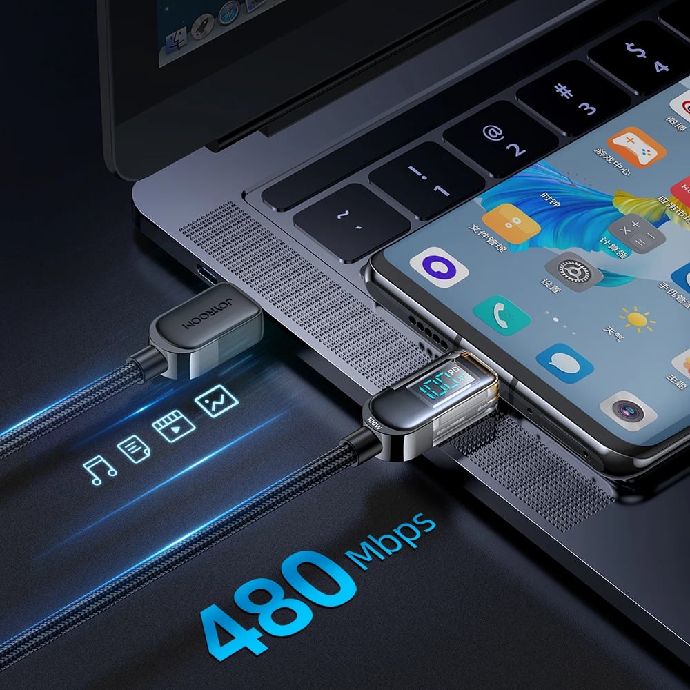 Kabllo USB-C/USB-C Joyroom A4 S-CC100A4 me ekran LED, 1.2m, 100W, e zezë