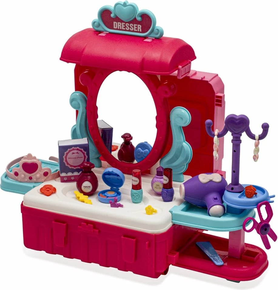 Set lodrash kozmetike 3‑në‑1, BABY MIX, tavolinë me pasqyrë dhe valixhe, 73.5 x 60 cm, rozë