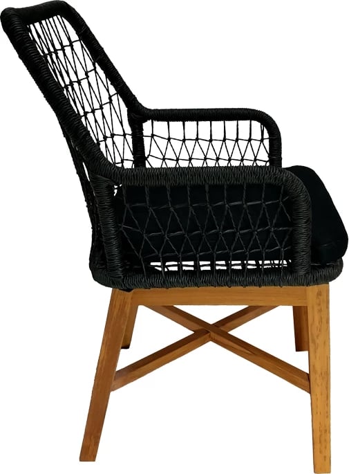 Karrige me krahë Elaiza dru teak dhe litar sintetik, ngjyrë natyrale-e zezë, me jastëk, 58x60x90cm