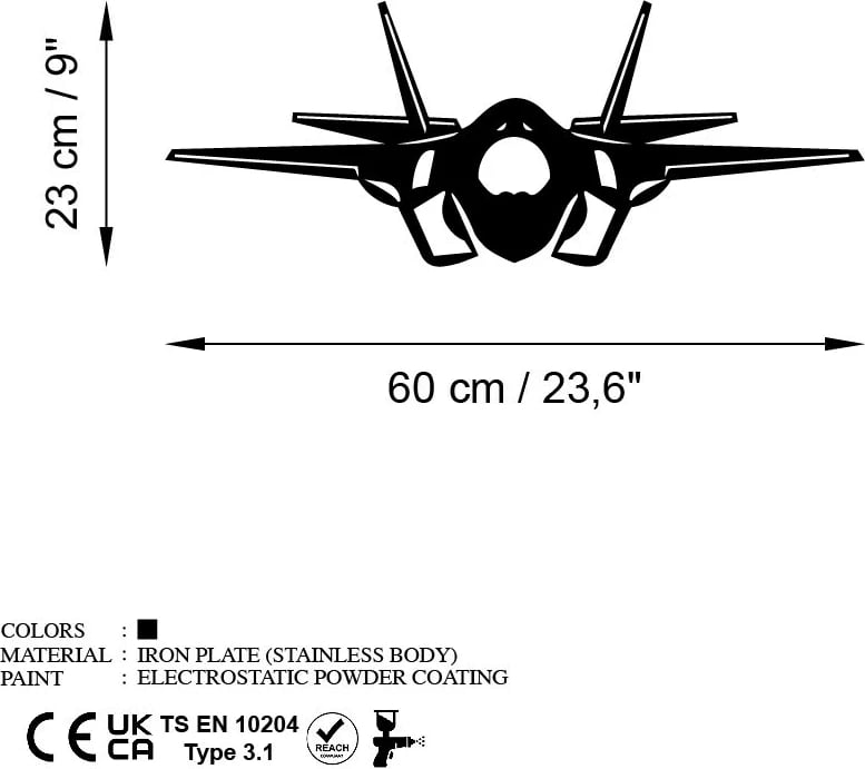 Aksesor dekorativ metalik për mur, formë aeroplani F-35, ngjyrë e zezë