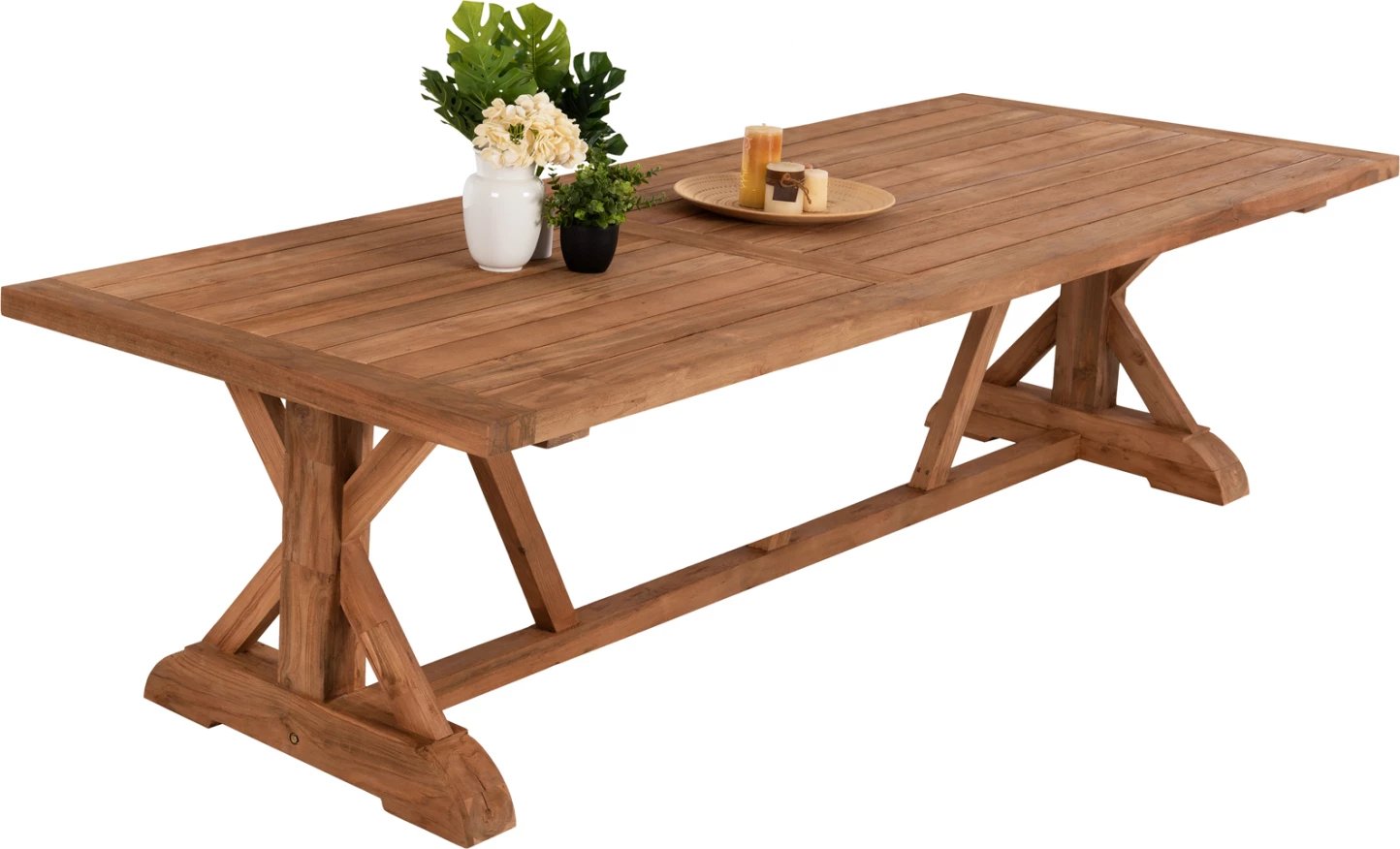 Tavolinë ngrënieje me këmbë kryq, dru TEAK, ngjyrë natyrale, FH9563, 350x120x75H cm