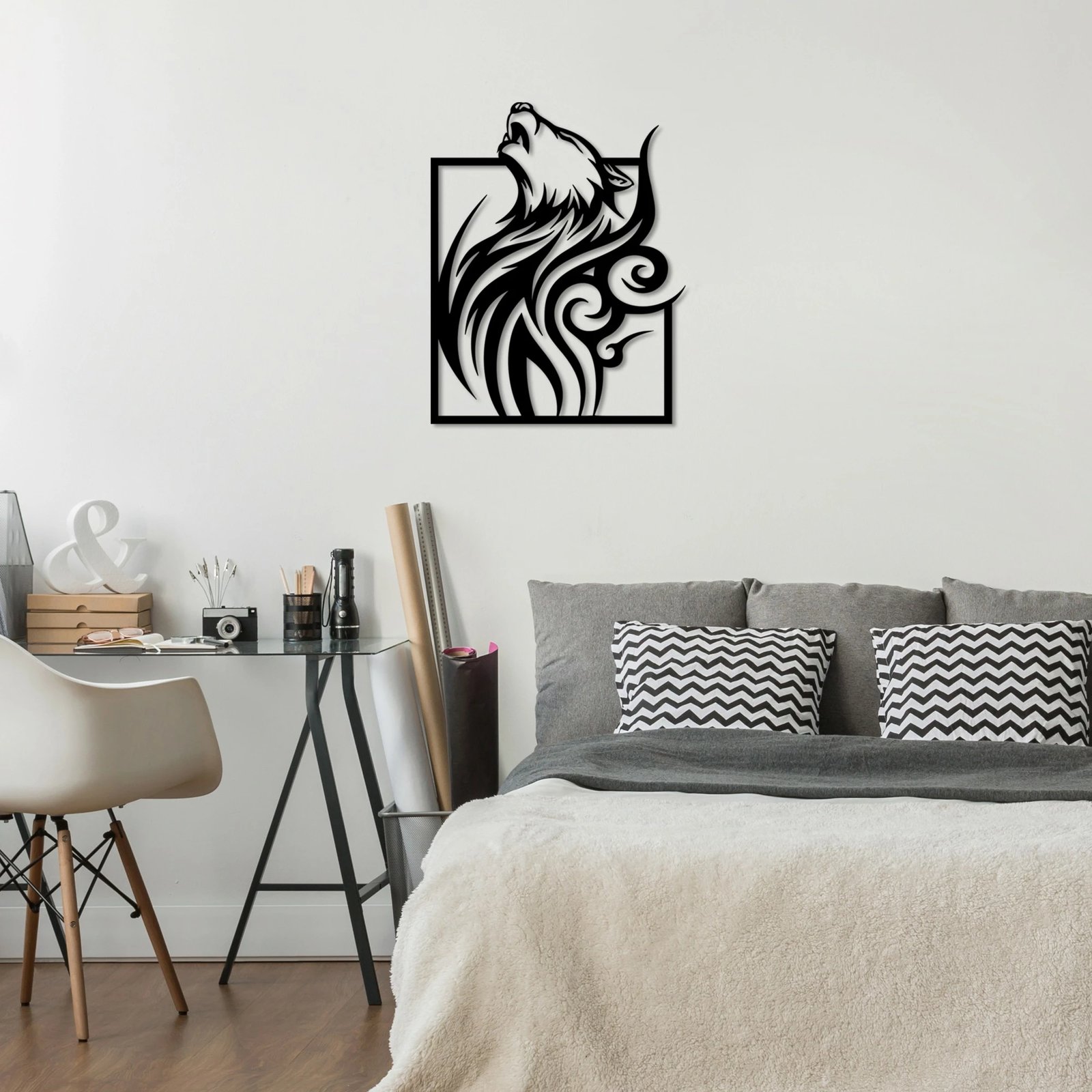 Aksesor dekorativ metalik për mur, ujk në kornizë, Wallity