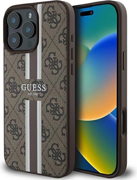 Mbështjellës Guess 4G Printed Stripes MagSafe për iPhone 16 Pro Max, Kafe