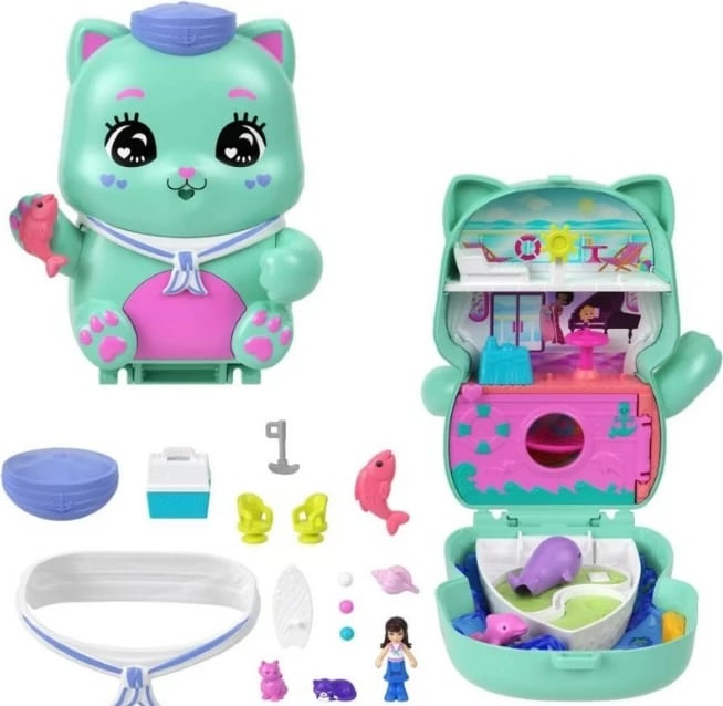 Set lodrash Polly Pocket Sail Kitty, Mattel, JFG56/JCR37, me 1 mini kukull dhe 10 aksesorë, shumëngjyrësh