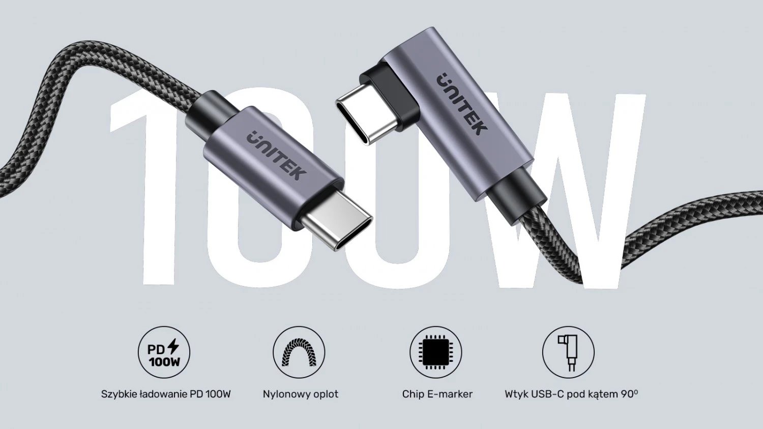 Kabllo Unitek USB-C me kënd 90° PD100W 0,5m, ngjyrë zi-hiri Kabllo Unitek USB-C me kënd 90° PD100W 0,5m, ngjyrë zi-hiri