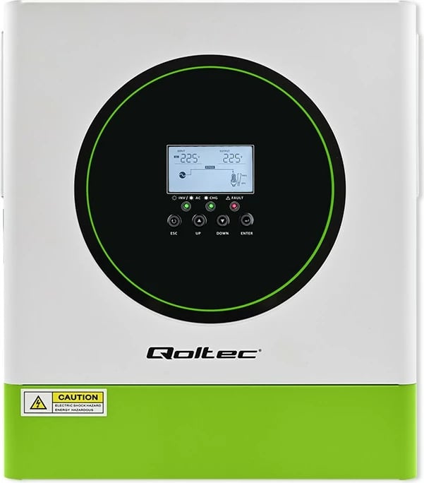 Inverter solar hibrid Qoltec 53865, 3500W, 100A, 24V, MPPT, BMS, Wi-Fi, i bardhë/gjelbër