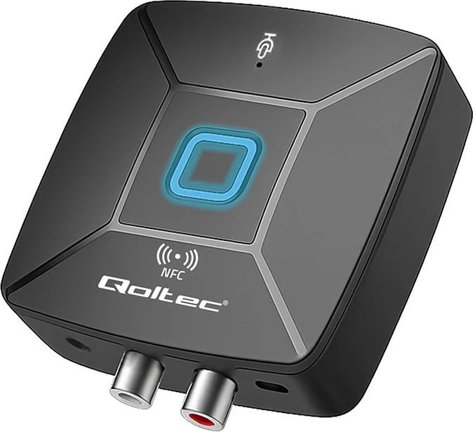 Transmetues/Marrës audio Bluetooth, Qoltec 56981, Bluetooth 6.0, NFC, 2 x RCA dhe 1 x AUX 3.5 mm, mikrofon, USB 5V, e zezë