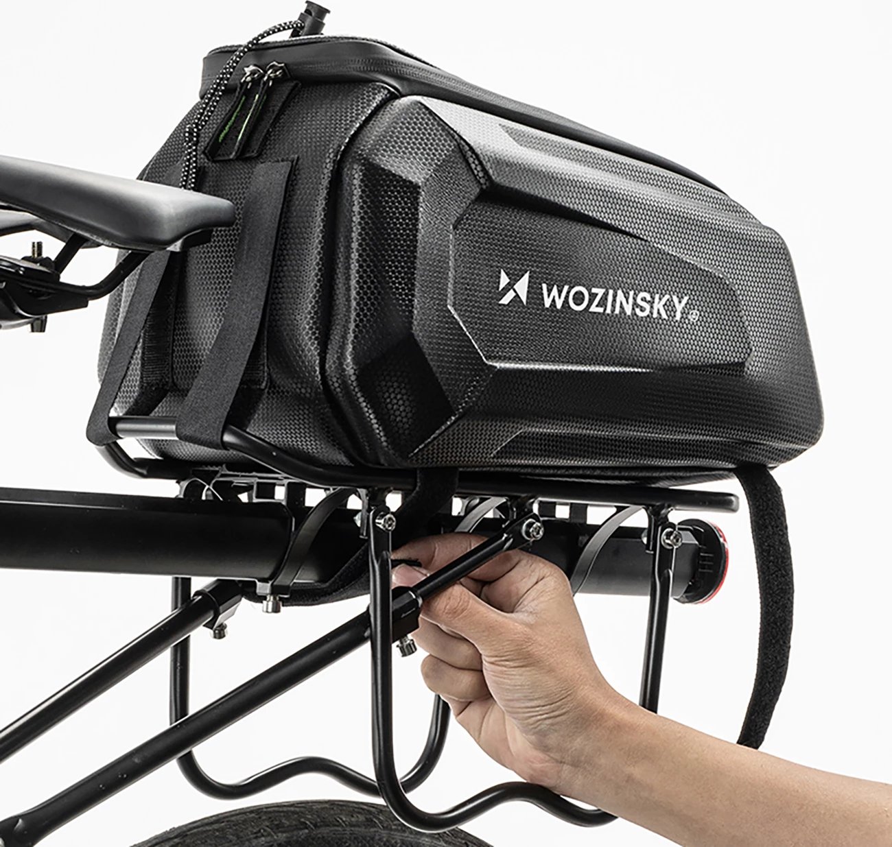 çantë bagazhi biçiklete, Wozinsky WSR-01B, 9 L, e papërshkueshme nga uji, montim me rripa Velcro, e zezë