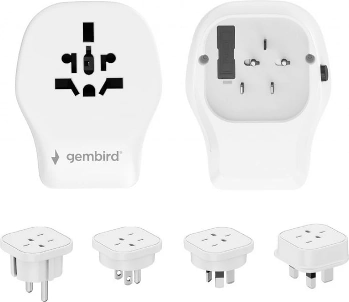 Adapter udhëtimi universal, Gembird, TPA-1A2C20-02-W, 20 W PD/QC, 3x USB (2x Type-C 20 W, 1x Type-A 18 W), prizë AC universale me siguresë 10 A, 4 koka US/UK/EU/AU, e bardhë