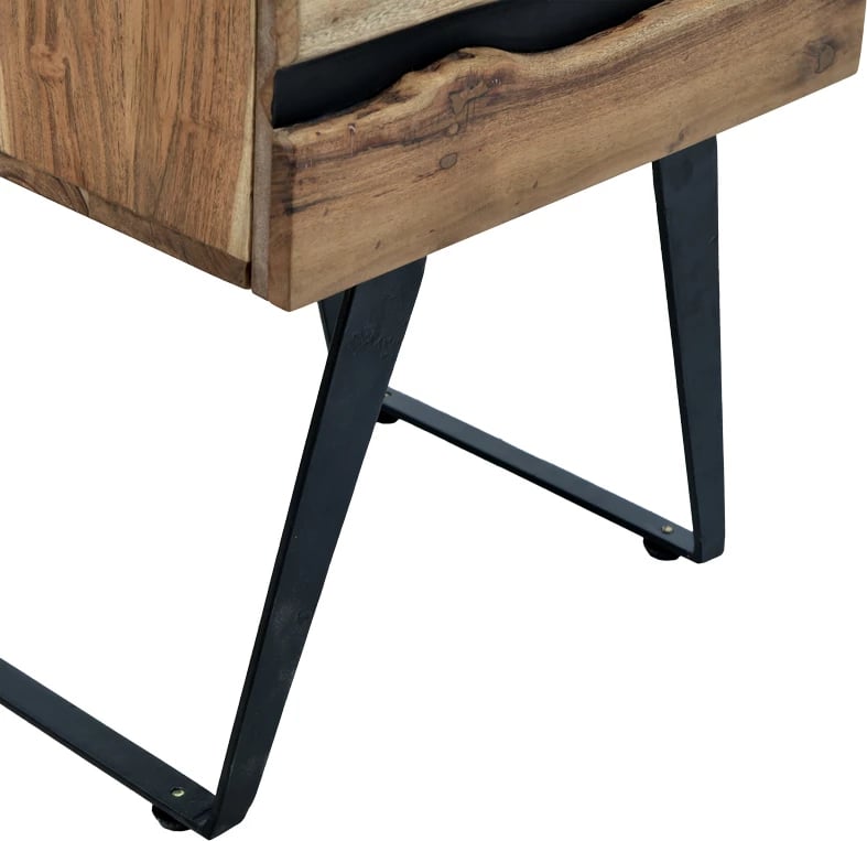 Komodinë anës krevati Imena, dru akacie natyrale, këmbë metalike të zeza, 45x35x56cm