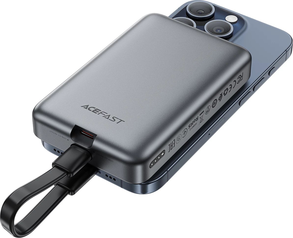 Powerbank Acefast M10, 10000 mAh, 2x USB-C PD 30W, karikim me valë 15W, me kabllo, e zezë