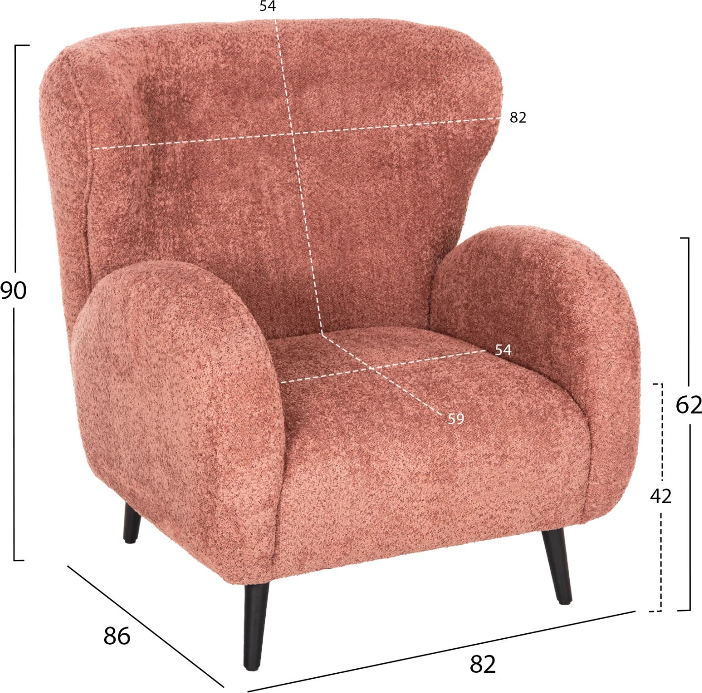 Fotelje KRYLY, pëlhurë boucle rozë, këmbë druri të zeza, 83x87x89H cm