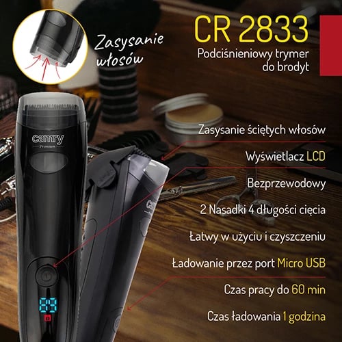 Trimer mjekre me vakum, Camry CR 2833, pa kabllo, LCD, 60 min, karikim USB, 2 përshtatës 3–12 mm, e zezë