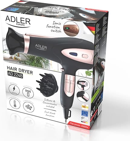 Tharëse flokësh Adler AD 2248, 1800-2200W (max 2400W), 2 shpejtësi, 3 temperatura, jonizim, me difuzor dhe koncentrator, e zezë