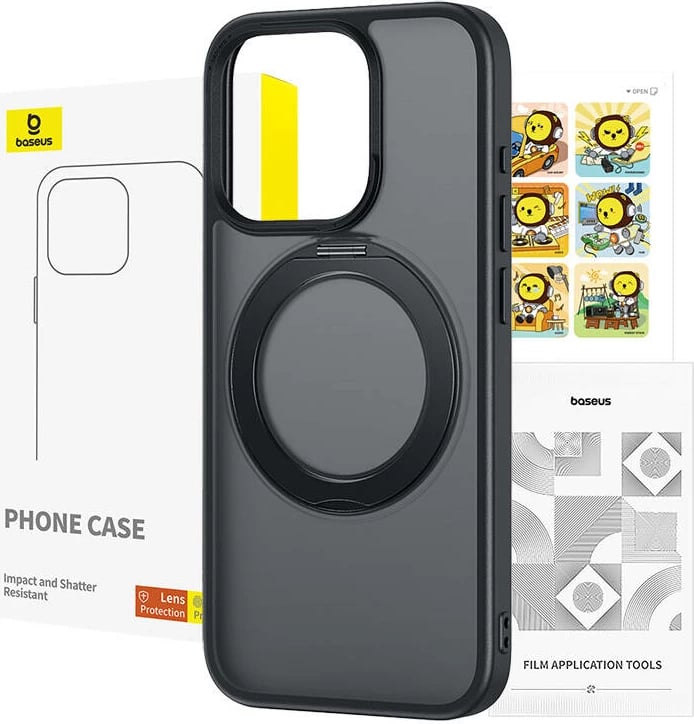 Mbështjellës Baseus SkyRing Magnetic për iPhone 13 Pro, me mbajtëse, xham të temperuar dhe set pastrimi, zi