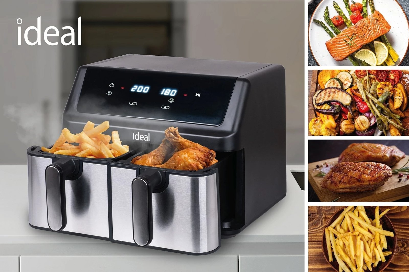Fritezë me ajër ELDOM IK1500 dualcrisp, 9L, 8 programe, çelik i furçuar, dy sirtarë