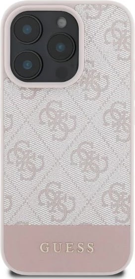 Mbështjellës Guess 4G Bottom Stripe për iPhone 16 Pro 6.3", hardcase TPU/PC me eko-lëkurë, rozë