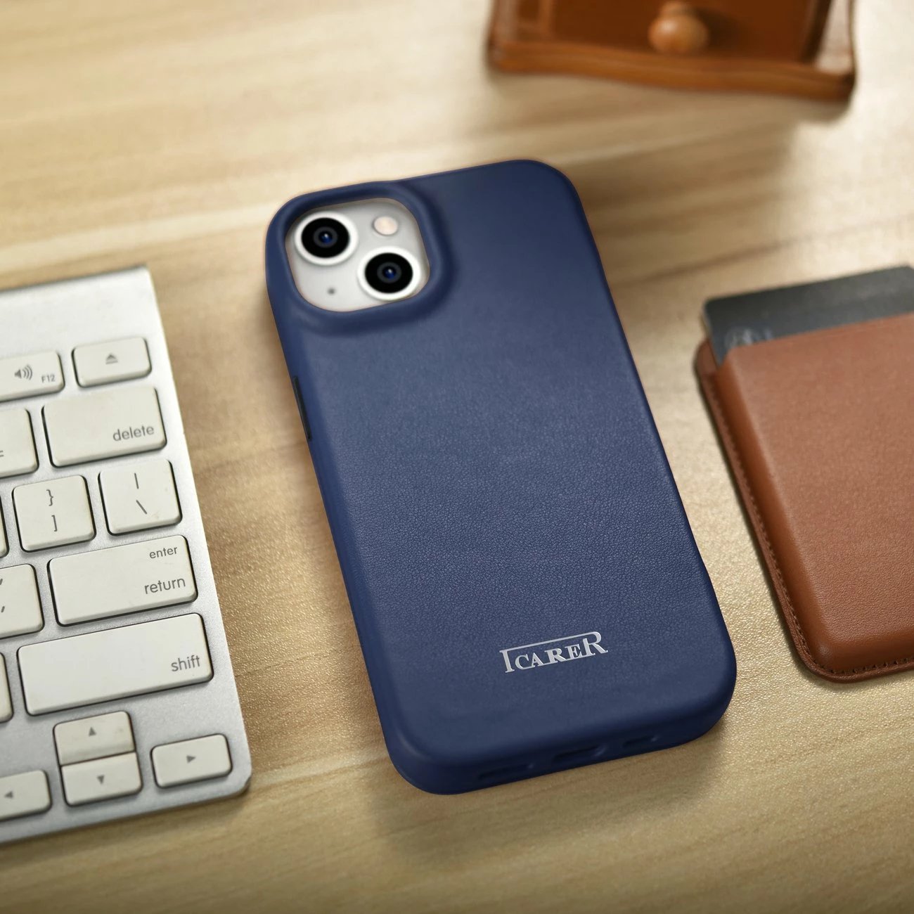 Mbështjellës iCarer CE Premium lëkurë, për iPhone 14 Plus, MagSafe, Kaltër