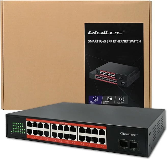 Switch Qoltec 52365, 24x RJ45 Gigabit PoE, 2x SFP, 1000 Mbps, pa menaxhim