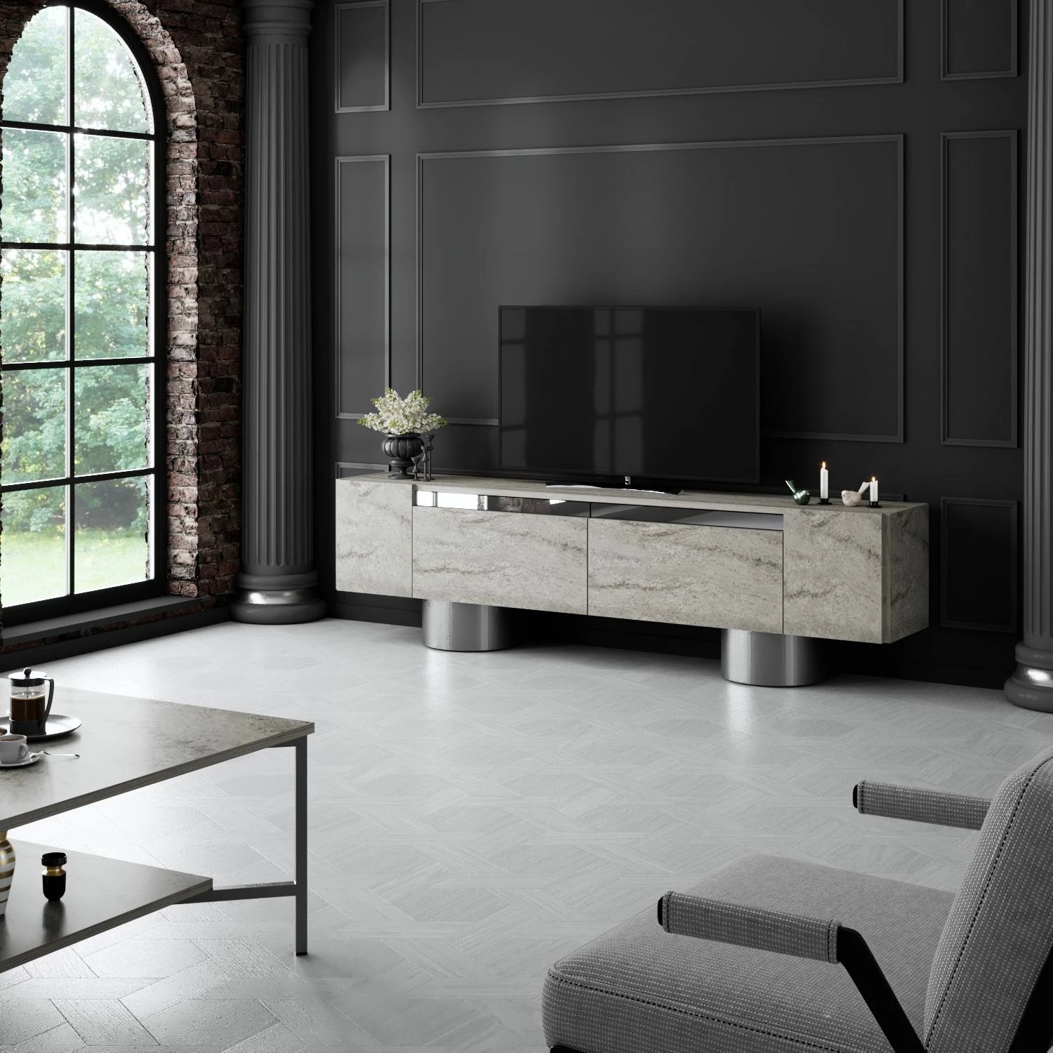 Komodë TV Hanah Home, bohem, travertin, argjend