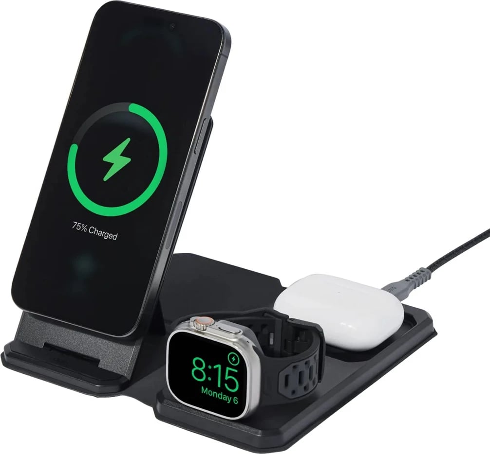 Karikues 3-në-1 pa tela, No name, 25W, për celular, kufje, smartwatch, Gri