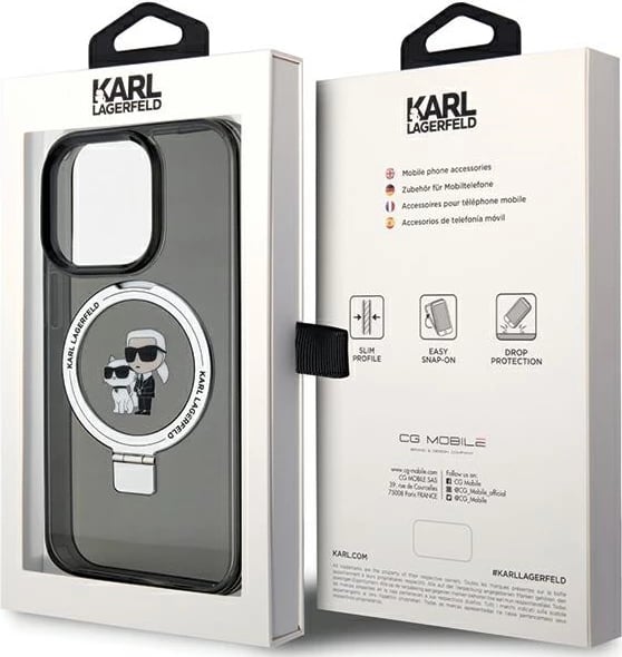 Mbështjellës Karl Lagerfeld KLHMP13LHMRSKCK për iPhone 13 Pro 6.1", me unazë Ring Stand, MagSafe, zi