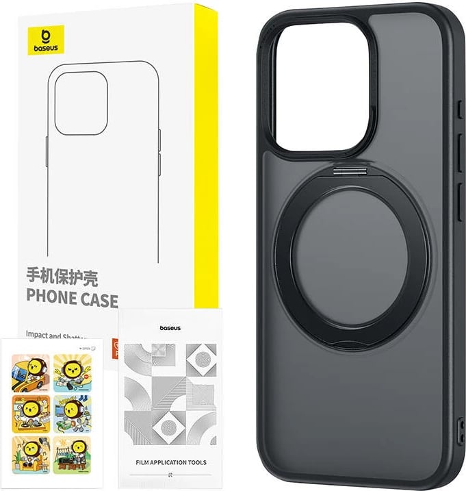 Mbështjellës Baseus SkyRing 360° për iPhone 15, me mbajtëse, xham i temperuar dhe set pastrimi, zi